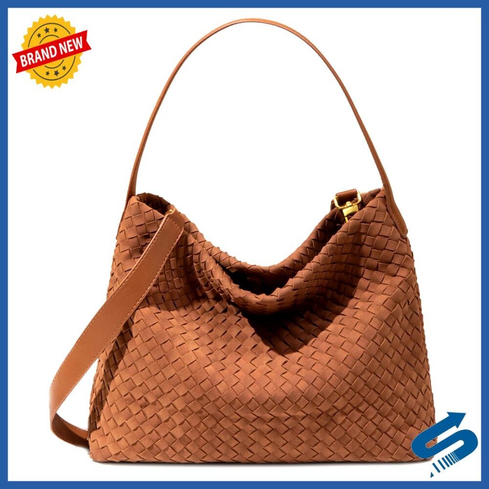 Large Woven Suede Hobo Tote with Detachable Crossbody Strap